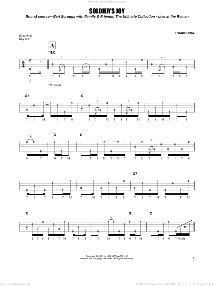 Soldier's Joy sheet music for banjo solo by Earl Scruggs and Miscellaneous, intermediate skill level