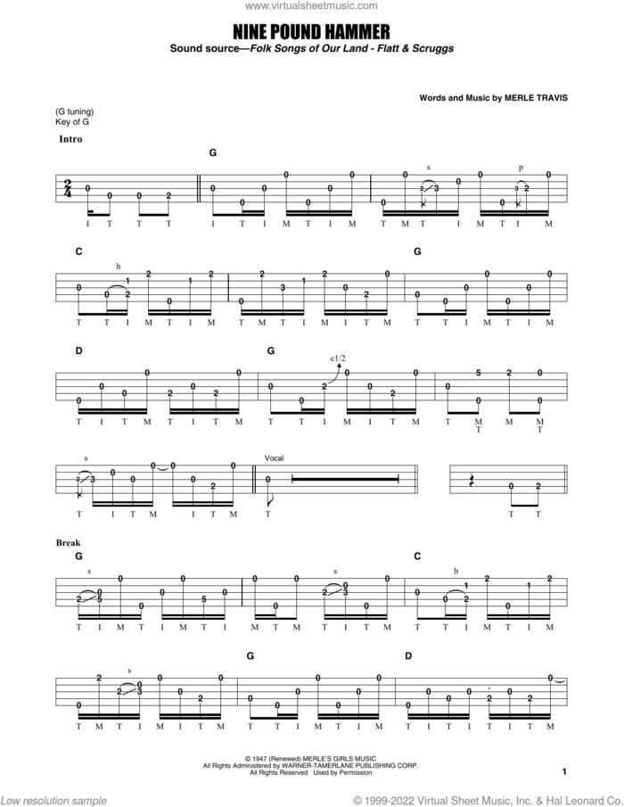 Nine Pound Hammer sheet music for banjo solo by Flatt & Scruggs, Earl Scruggs and Merle Travis, intermediate skill level