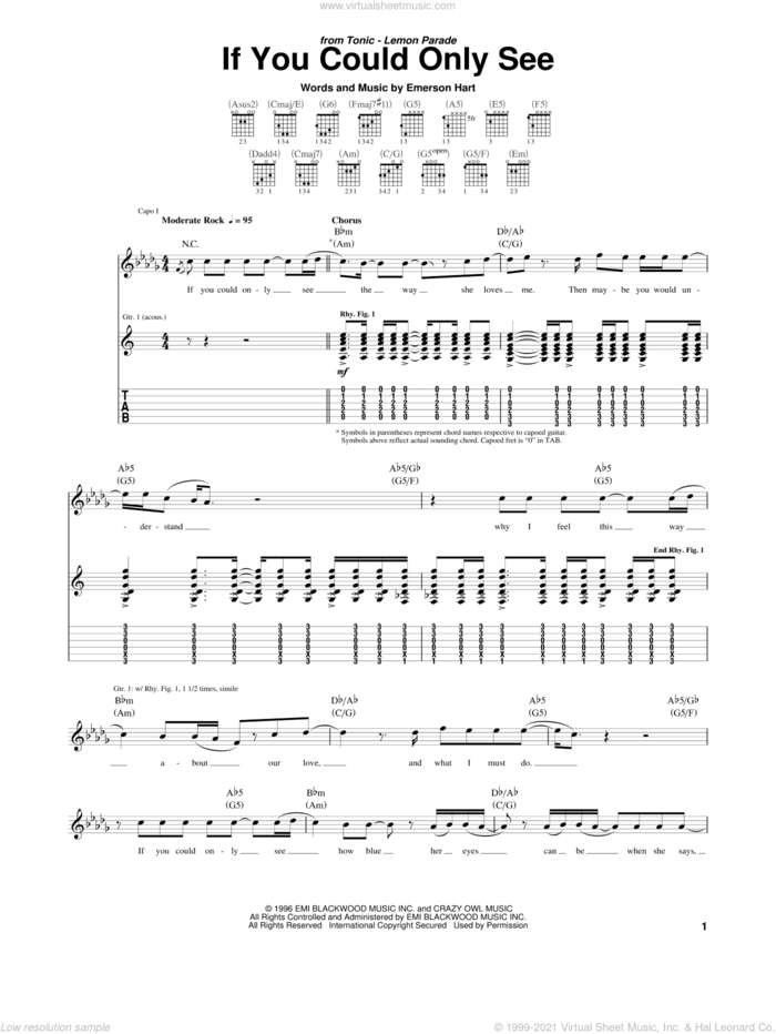 If You Could Only See sheet music for guitar (tablature) by Tonic and Emerson Hart, intermediate skill level
