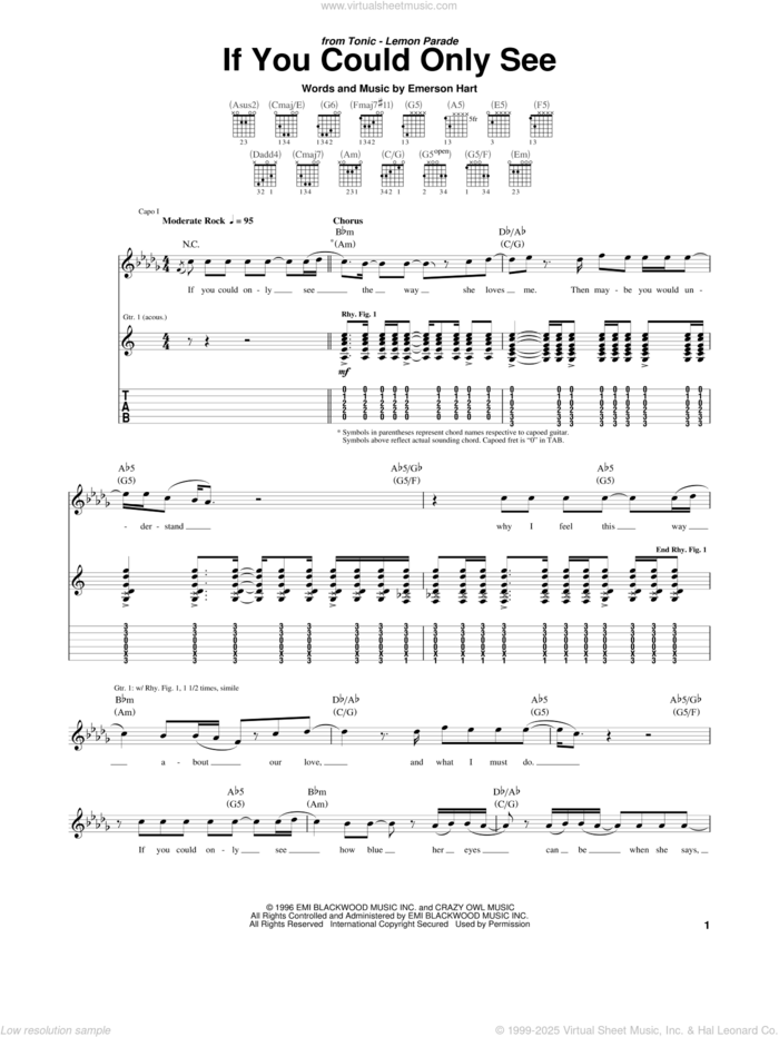 If You Could Only See sheet music for guitar (tablature) by Tonic and Emerson Hart, intermediate skill level