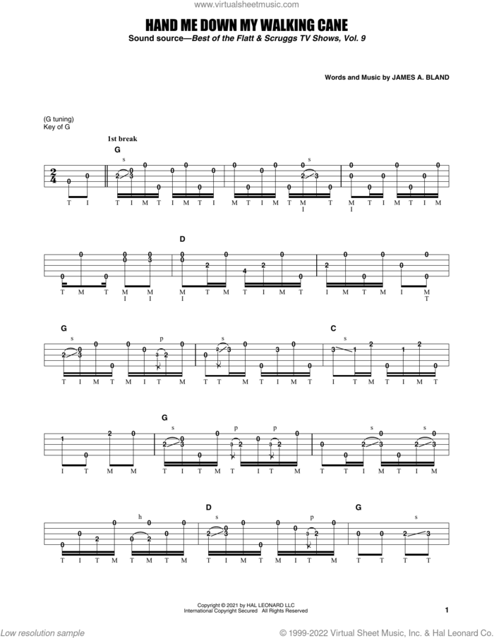 Hand Me Down My Walking Cane sheet music for banjo solo by Earl Scruggs and James A. Bland, intermediate skill level