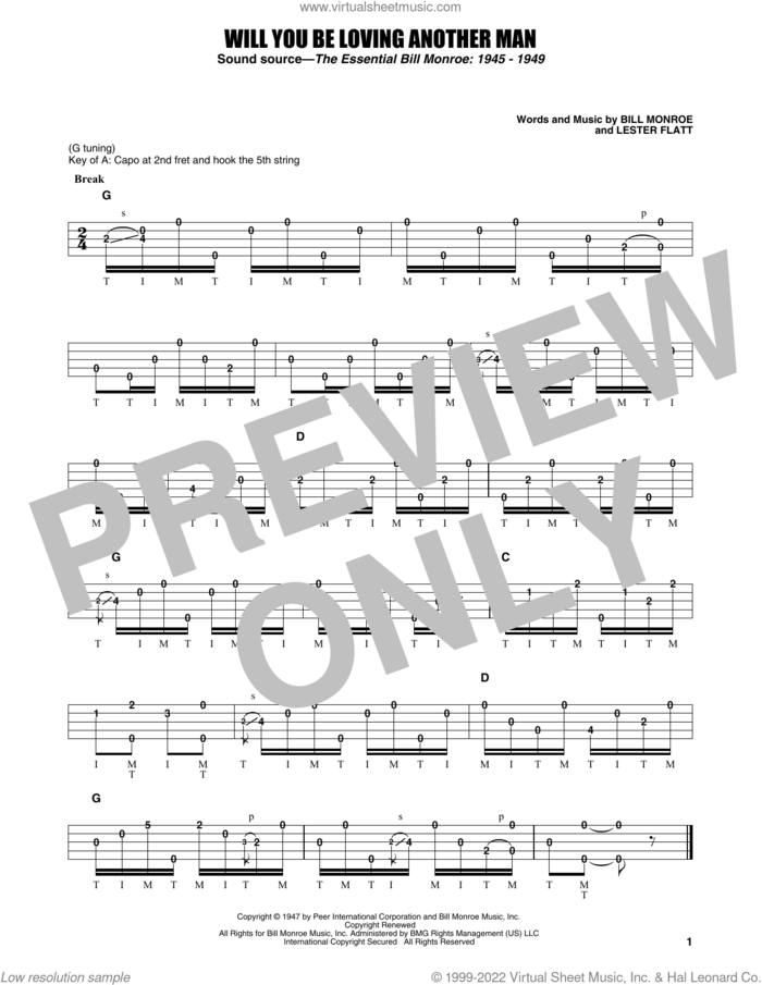 Will You Be Loving Another Man sheet music for banjo solo by Earl Scruggs, Bill Monroe and Lester Flatt, intermediate skill level