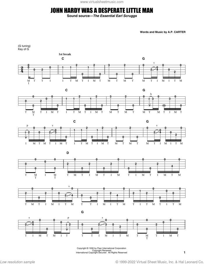 John Hardy Was A Desperate Little Man sheet music for banjo solo by Earl Scruggs, The Carter Family and A.P. Carter, intermediate skill level
