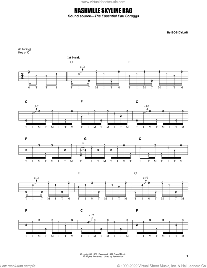 Nashville Skyline Rag sheet music for banjo solo by Flatt & Scruggs, Earl Scruggs and Bob Dylan, intermediate skill level