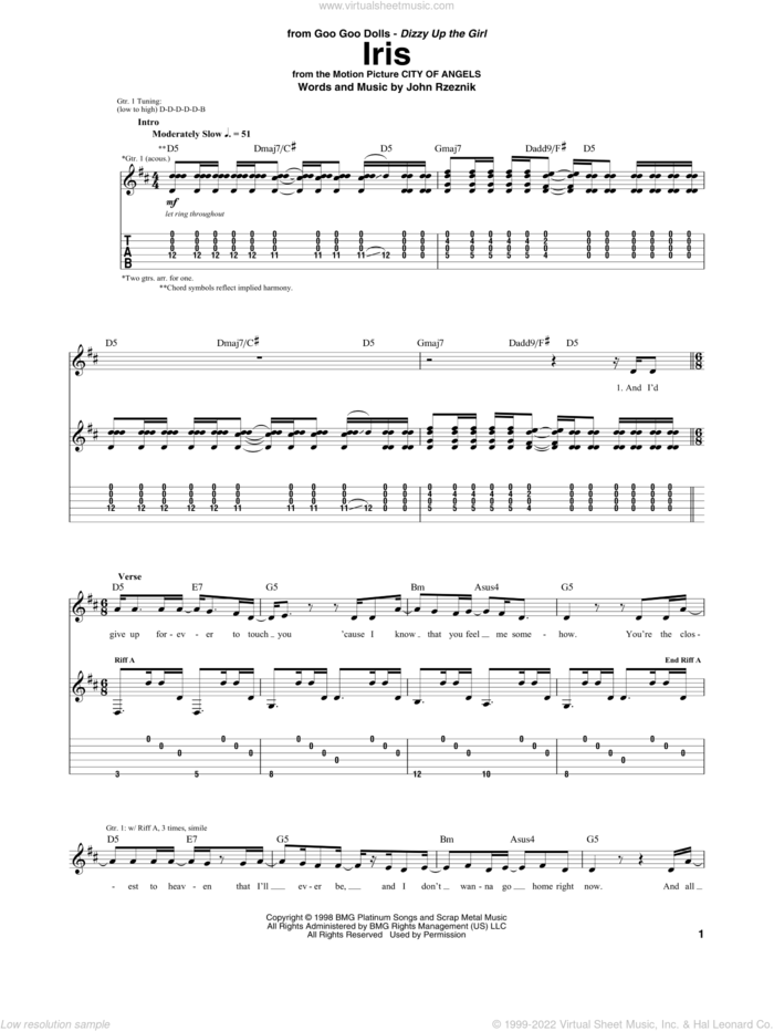Iris sheet music for guitar (tablature) by Goo Goo Dolls and John Rzeznik, intermediate skill level