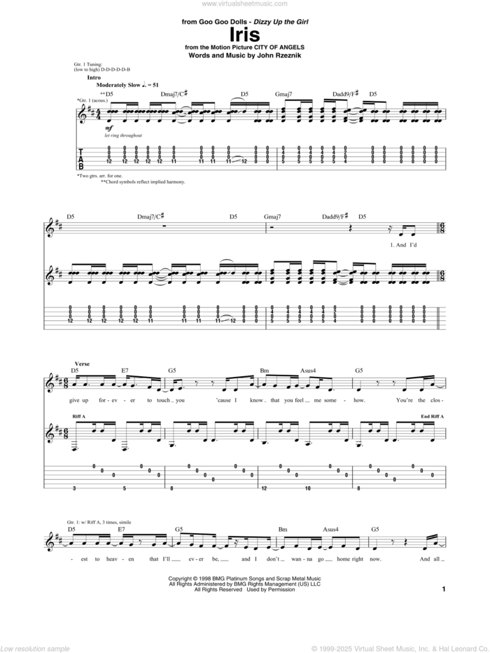 Iris sheet music for guitar (tablature) by Goo Goo Dolls and John Rzeznik, intermediate skill level