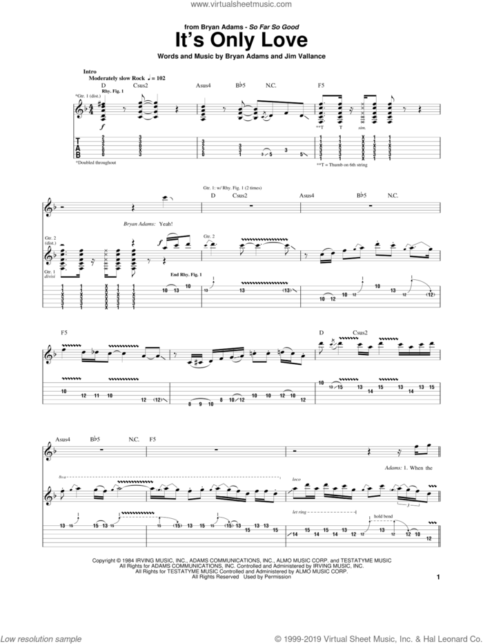It's Only Love sheet music for guitar (tablature) by Bryan Adams, Tina Turner and Jim Vallance, intermediate skill level