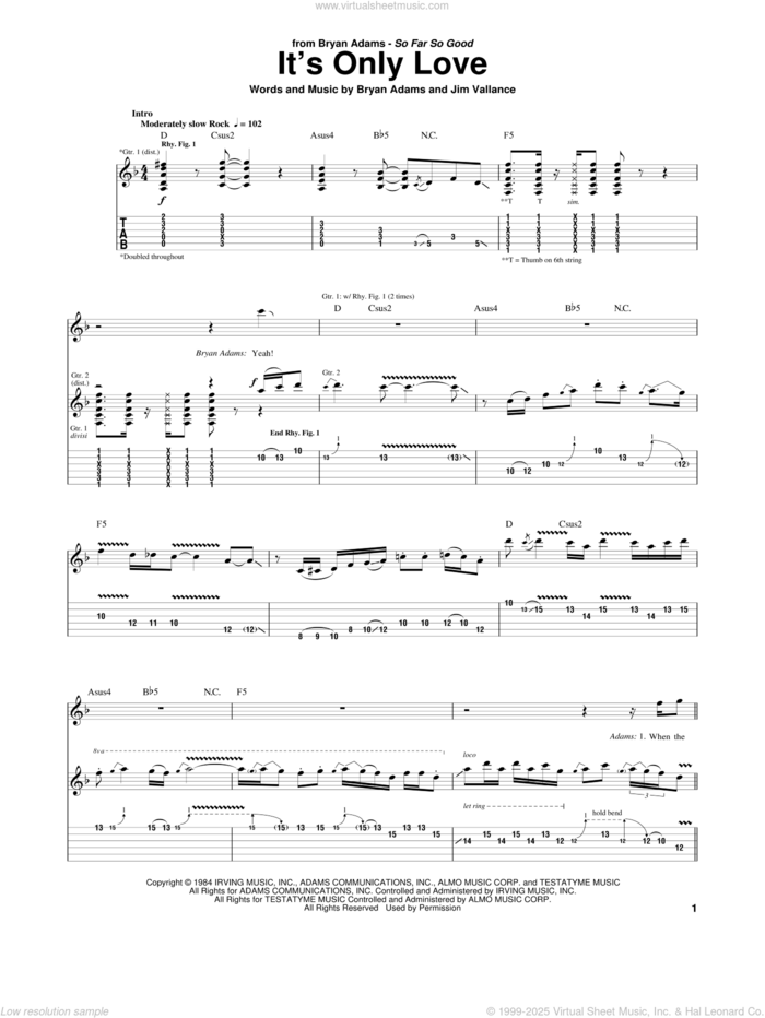 It's Only Love sheet music for guitar (tablature) by Bryan Adams, Tina Turner and Jim Vallance, intermediate skill level