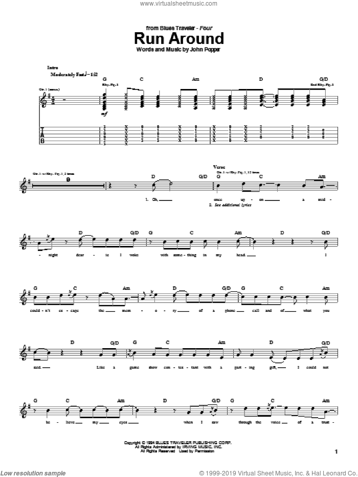 Run Around sheet music for guitar (tablature) by Blues Traveler and John Popper, intermediate skill level