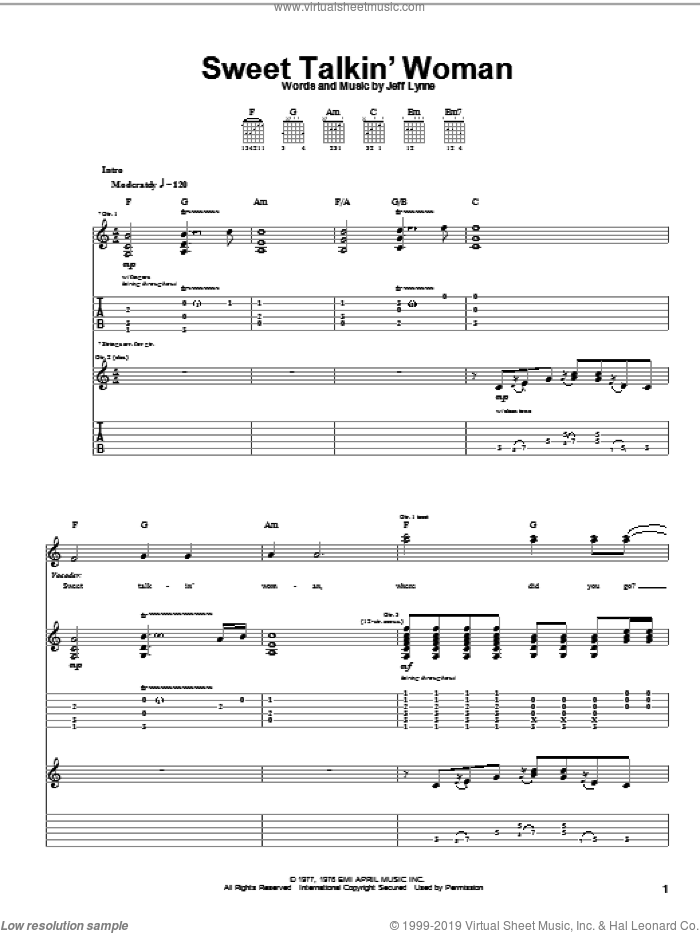 Sweet Talkin' Woman sheet music for guitar (tablature) by Electric Light Orchestra and Jeff Lynne, intermediate skill level