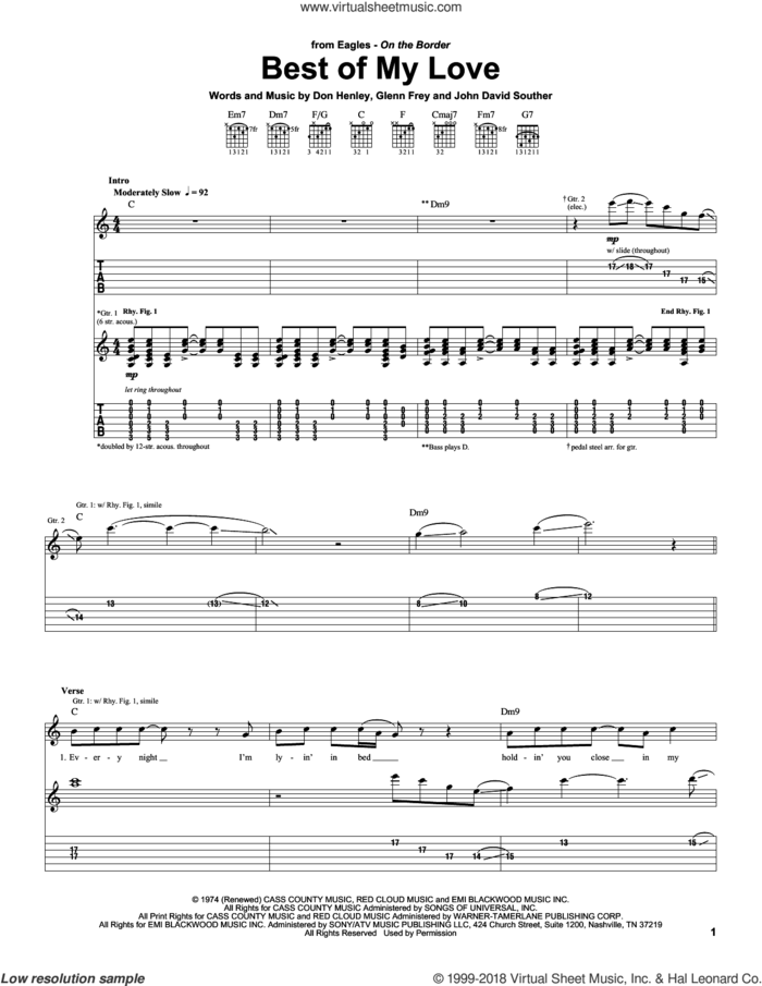 Best Of My Love sheet music for guitar (tablature) by Don Henley, The Eagles, Glenn Frey and John David Souther, intermediate skill level