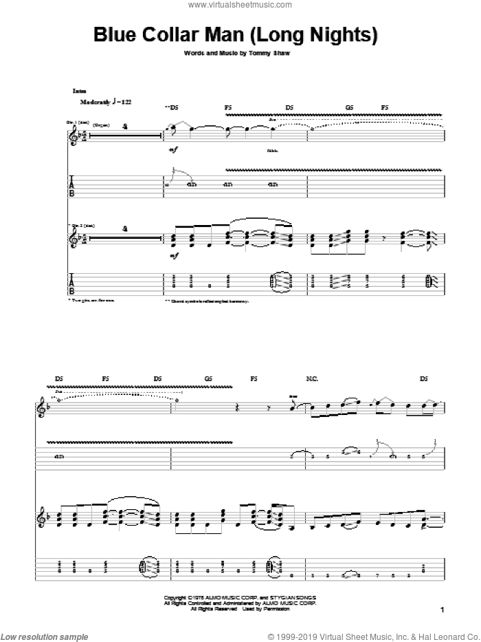Blue Collar Man (Long Nights) sheet music for guitar (tablature) by Styx and Tommy Shaw, intermediate skill level