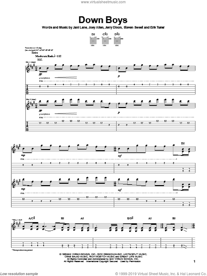 Down Boys sheet music for guitar (tablature) by Warrant, Jani Lane, Jerry Dixon and Joey Allen, intermediate skill level