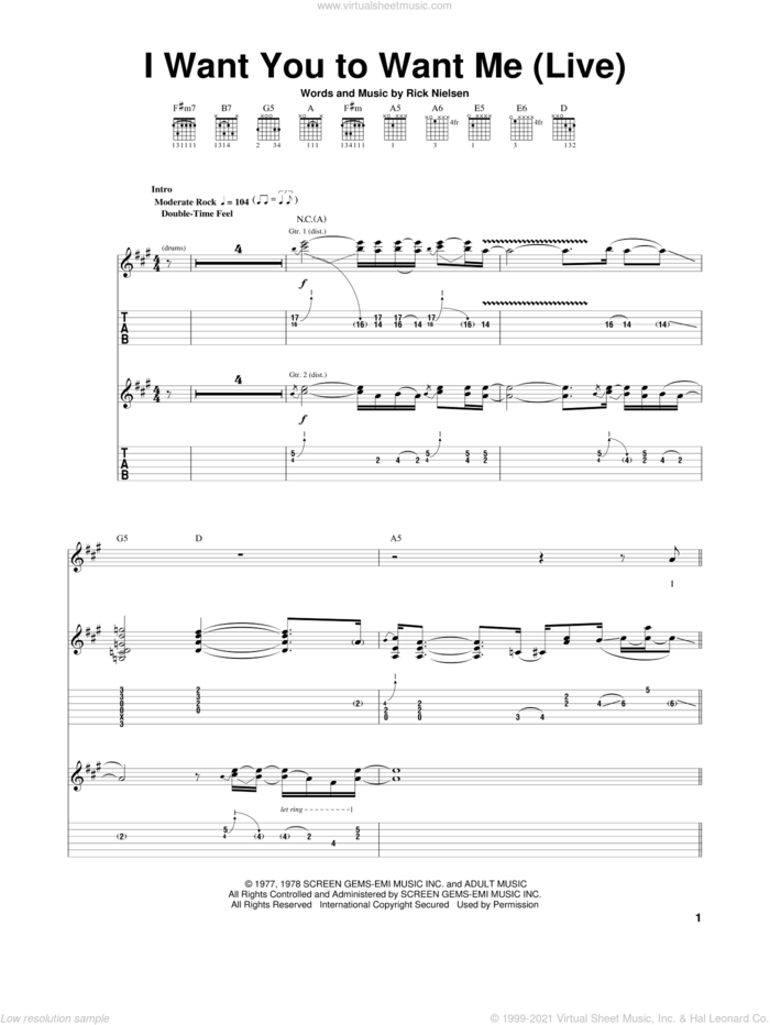 I Want You To Want Me (Live) sheet music for guitar (tablature) by Cheap Trick, Dwight Yoakam and Rick Nielsen, intermediate skill level