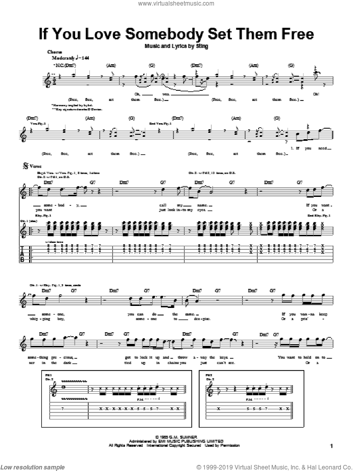 If You Love Somebody Set Them Free sheet music for guitar (tablature) by Sting, intermediate skill level