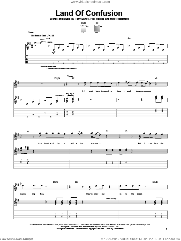 Land Of Confusion sheet music for guitar (tablature) by Genesis, Mike Rutherford, Phil Collins and Tony Banks, intermediate skill level