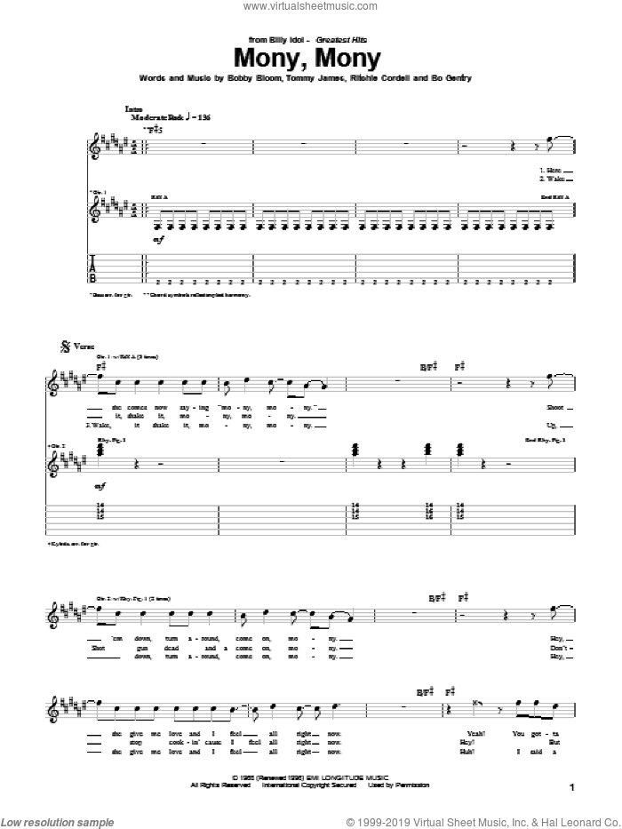 Mony, Mony sheet music for guitar (tablature) by Billy Idol and Tommy James & The Shondells, Bobby Bloom, Ritchie Cordell and Tommy James, intermediate skill level
