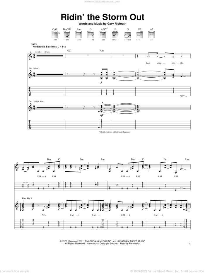 Ridin' The Storm Out sheet music for guitar (tablature) by REO Speedwagon and Gary Richrath, intermediate skill level