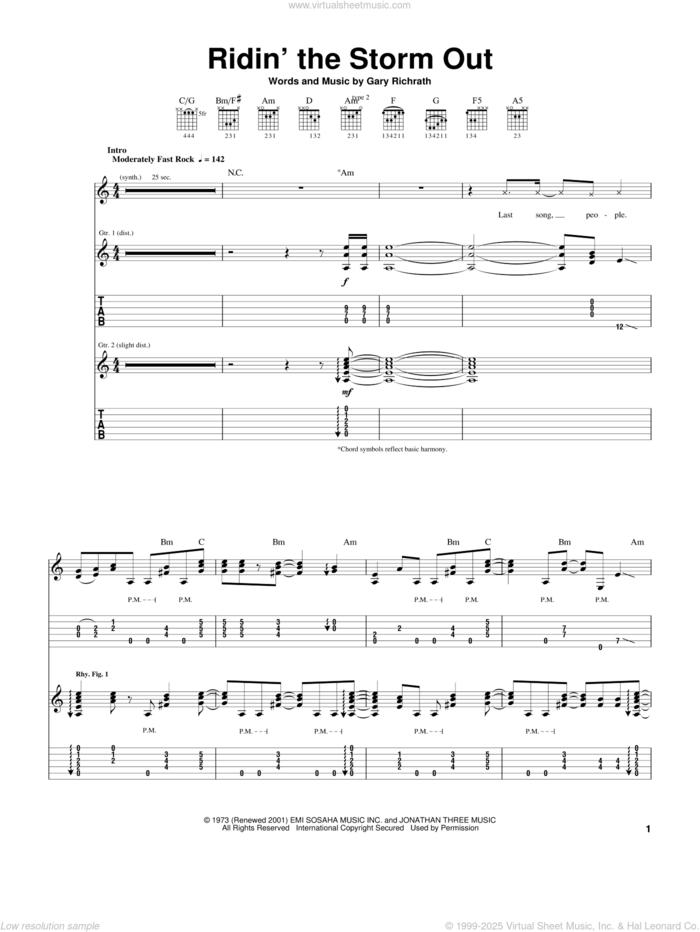 Ridin' The Storm Out sheet music for guitar (tablature) by REO Speedwagon and Gary Richrath, intermediate skill level