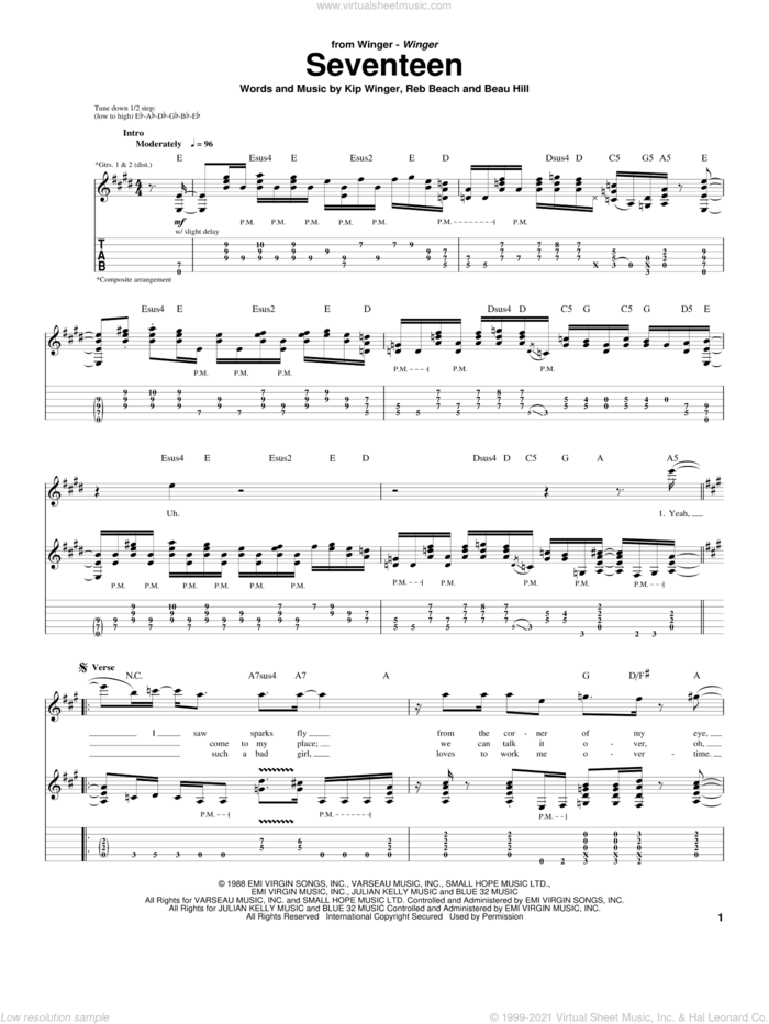 Seventeen sheet music for guitar (tablature) by Winger, Beau Hill, Kip Winger and Reb Beach, intermediate skill level