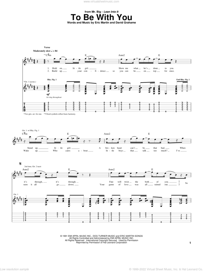 To Be With You sheet music for guitar (tablature) by Mr. Big, David Grahame and Eric Martin, intermediate skill level
