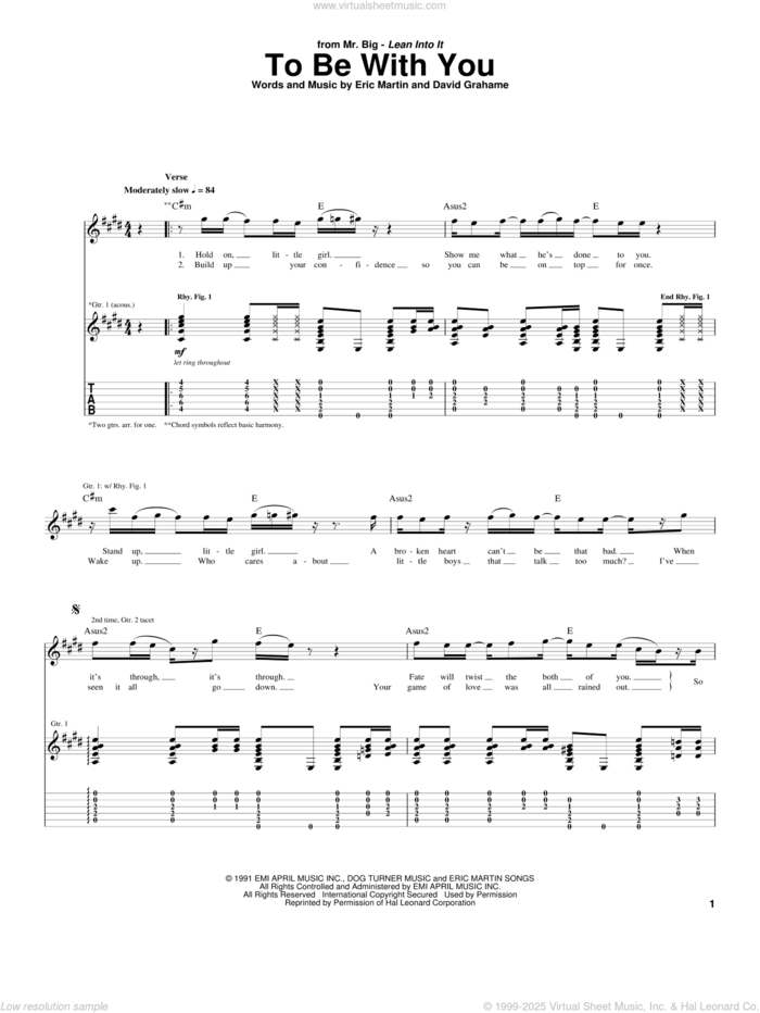 To Be With You sheet music for guitar (tablature) by Mr. Big, David Grahame and Eric Martin, intermediate skill level