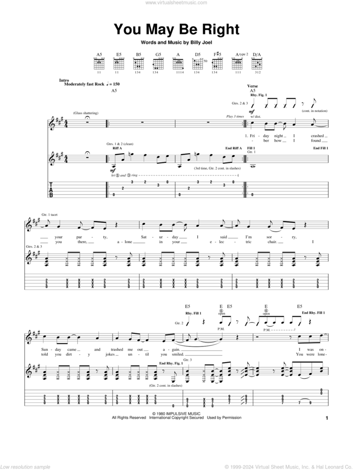 You May Be Right sheet music for guitar (tablature) by Billy Joel, intermediate skill level