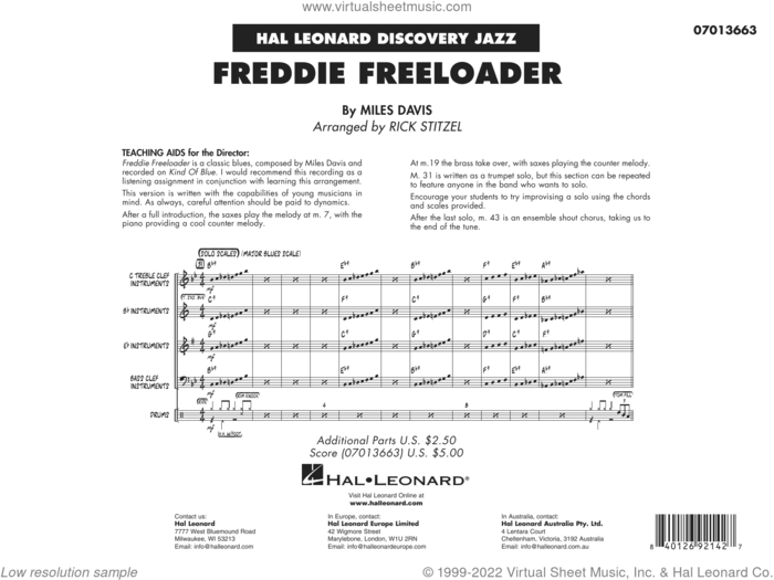 Freddie Freeloader (arr. Rick Stitzel) (COMPLETE) sheet music for jazz band by Miles Davis and Rick Stitzel, intermediate skill level