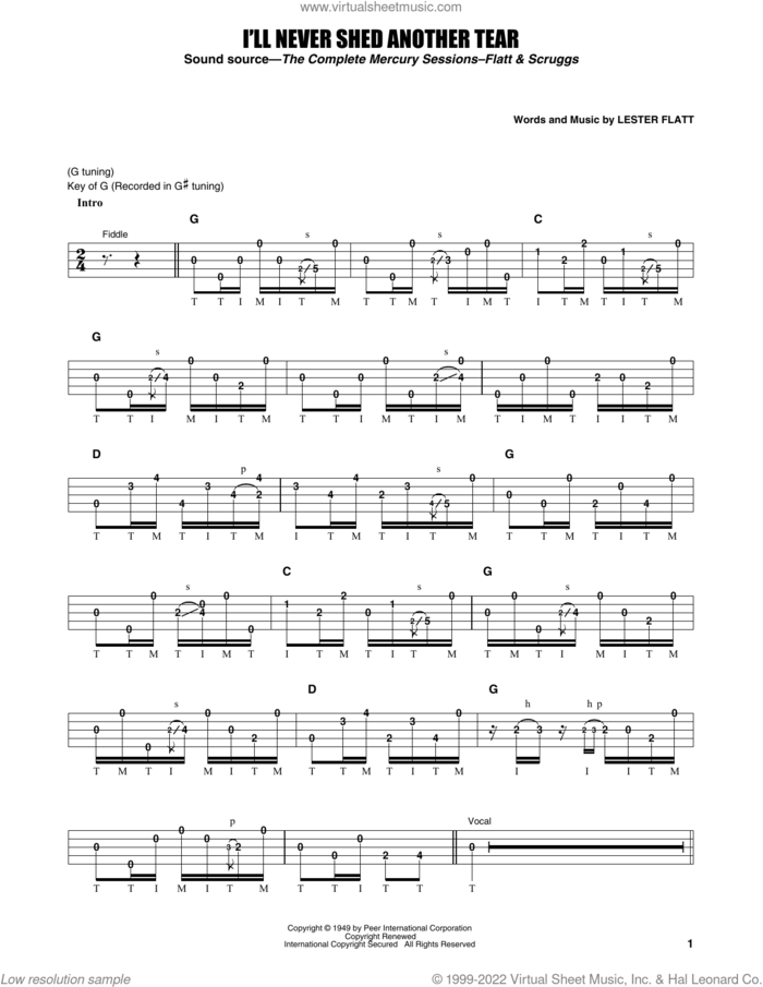 I'll Never Shed Another Tear sheet music for banjo solo by Flatt & Scruggs, Earl Scruggs and Lester Flatt, intermediate skill level