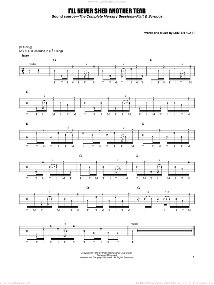 I'll Never Shed Another Tear sheet music for banjo solo by Flatt & Scruggs, Earl Scruggs and Lester Flatt, intermediate skill level