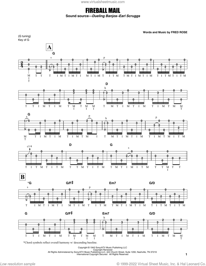 Fireball Mail sheet music for banjo solo by Earl Scruggs and Fred Rose, intermediate skill level