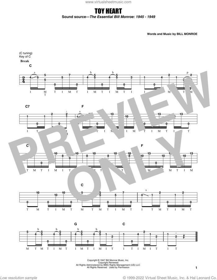 Toy Heart sheet music for banjo solo by Earl Scruggs and Bill Monroe, intermediate skill level