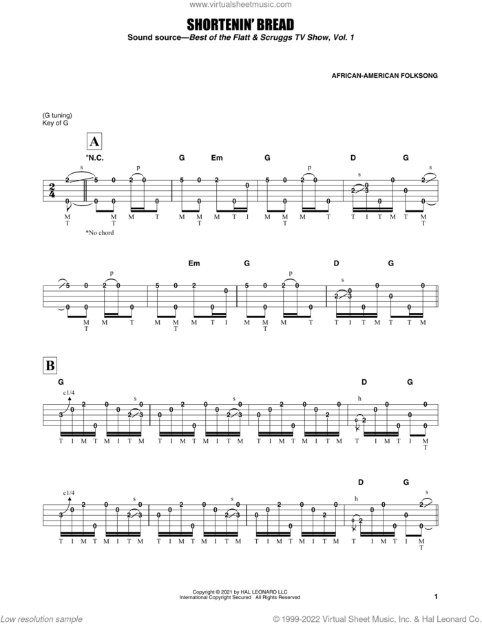 Shortenin' Bread sheet music for banjo solo by Earl Scruggs and African-American Folksong, intermediate skill level