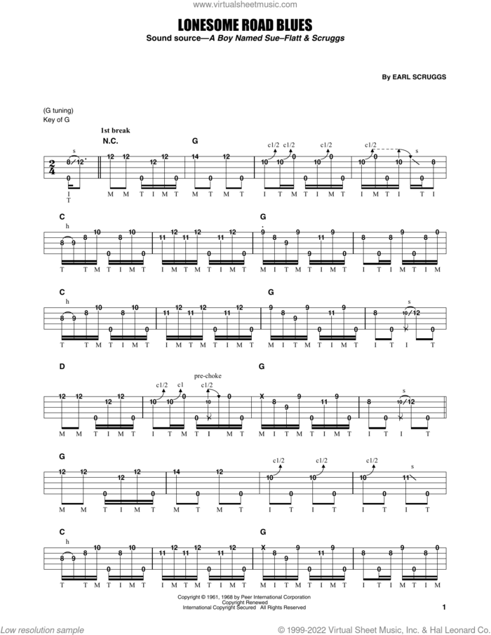 Lonesome Road Blues sheet music for banjo solo by Flatt & Scruggs and Earl Scruggs, intermediate skill level