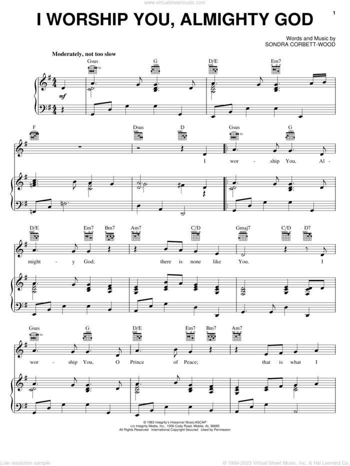 I Worship You, Almighty God sheet music for voice, piano or guitar by Sondra Corbett-Wood, intermediate skill level