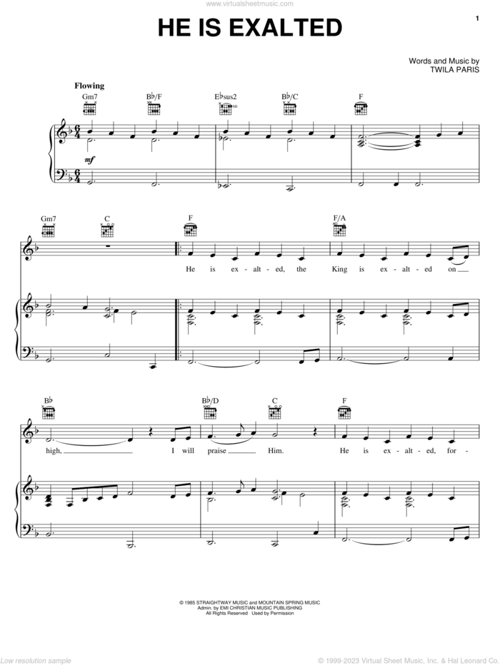 He Is Exalted sheet music for voice, piano or guitar by Twila Paris, intermediate skill level