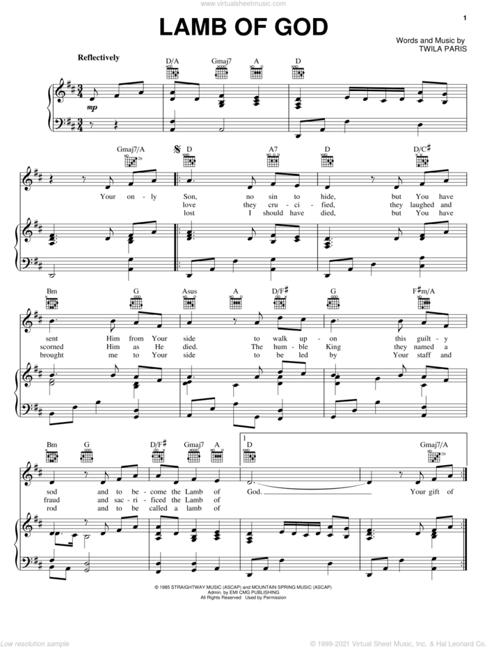Lamb Of God sheet music for voice, piano or guitar by Twila Paris, intermediate skill level