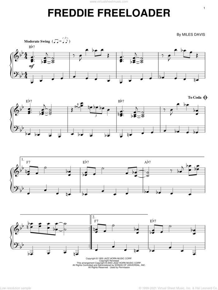 Freddie Freeloader sheet music for piano solo by Miles Davis, intermediate skill level