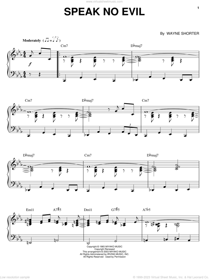 Speak No Evil sheet music for voice, piano or guitar by Wayne Shorter, intermediate skill level