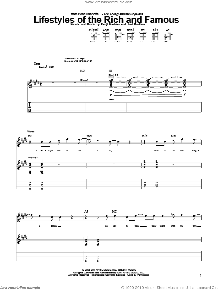 Lifestyles Of The Rich And Famous sheet music for guitar (tablature) by Good Charlotte, Benjamin Combs and Joel Combs, intermediate skill level