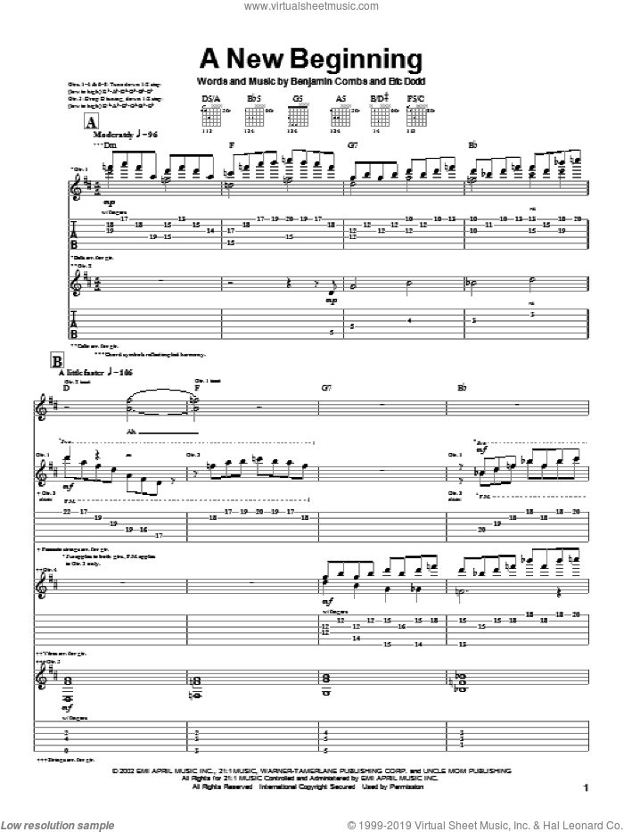 A New Beginning sheet music for guitar (tablature) by Good Charlotte, Benjamin Combs and Eric Dodd, intermediate skill level