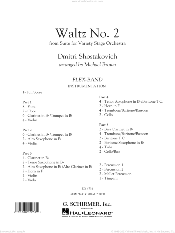 Waltz No. 2 (from Suite for Variety Stage Orchestra) (arr. Brown) sheet music for concert band (full score) by Dmitri Shostakovich and Michael Brown, classical score, intermediate skill level