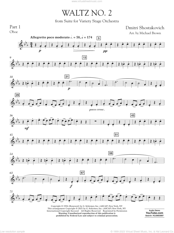Waltz No. 2 (from Suite for Variety Stage Orchestra) (arr. Brown) sheet music for concert band (pt.1 - oboe) by Dmitri Shostakovich and Michael Brown, classical score, intermediate skill level