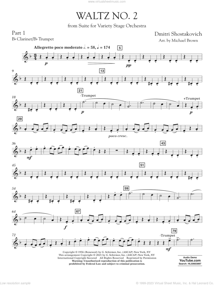 Waltz No. 2 (from Suite for Variety Stage Orchestra) (arr. Brown) sheet music for concert band (Bb clarinet/bb trumpet) by Dmitri Shostakovich and Michael Brown, classical score, intermediate skill level