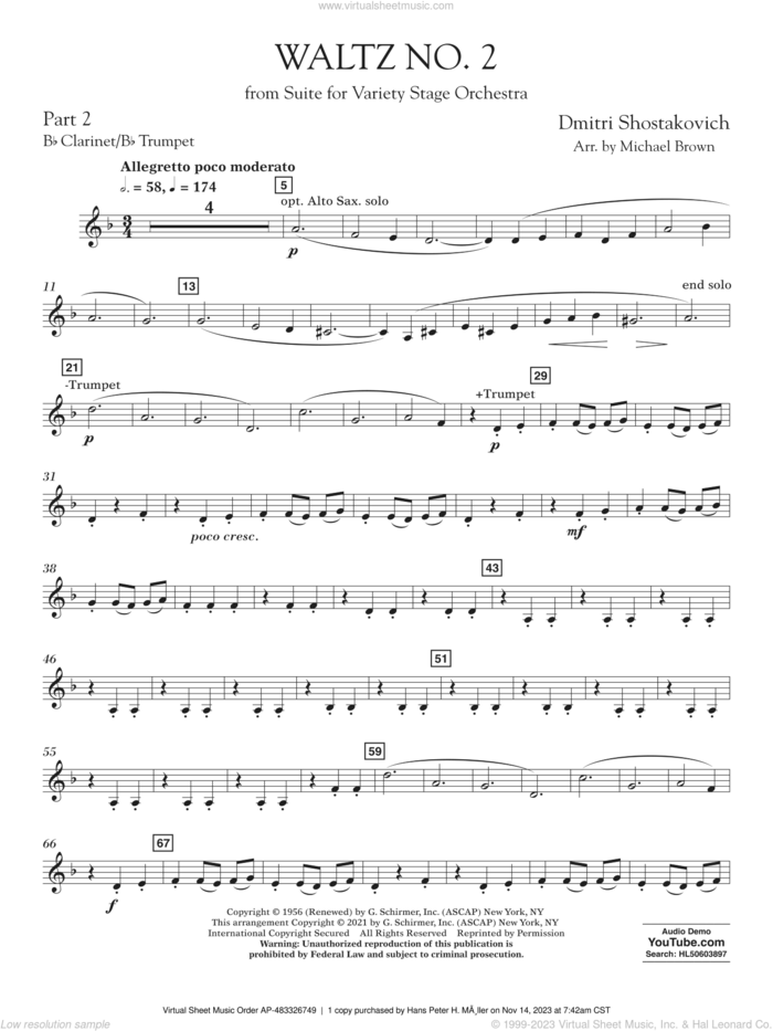 Waltz No. 2 (from Suite for Variety Stage Orchestra) (arr. Brown) sheet music for concert band (Bb clarinet/bb trumpet) by Dmitri Shostakovich and Michael Brown, classical score, intermediate skill level
