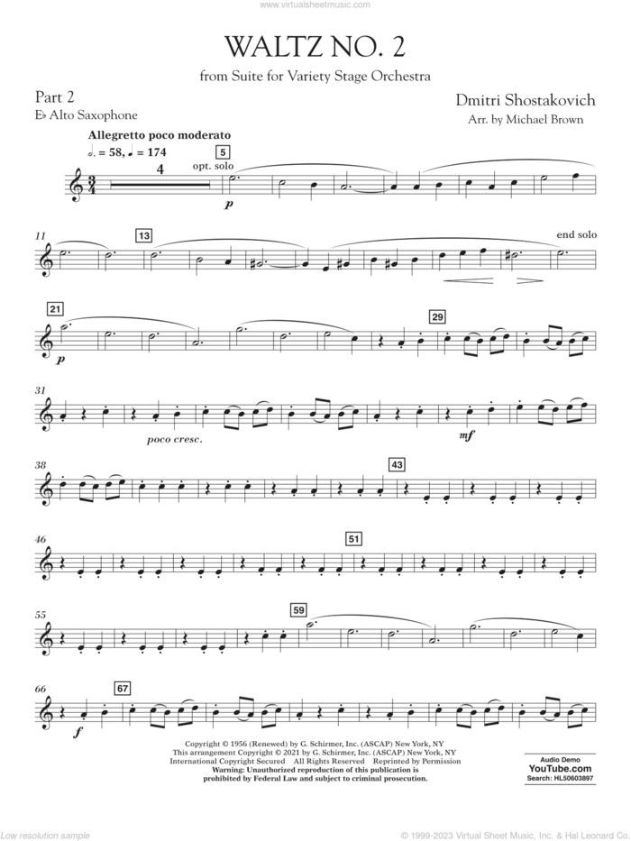Waltz No. 2 (from Suite for Variety Stage Orchestra) (arr. Brown) sheet music for concert band (pt.2 - Eb alto saxophone) by Dmitri Shostakovich and Michael Brown, classical score, intermediate skill level