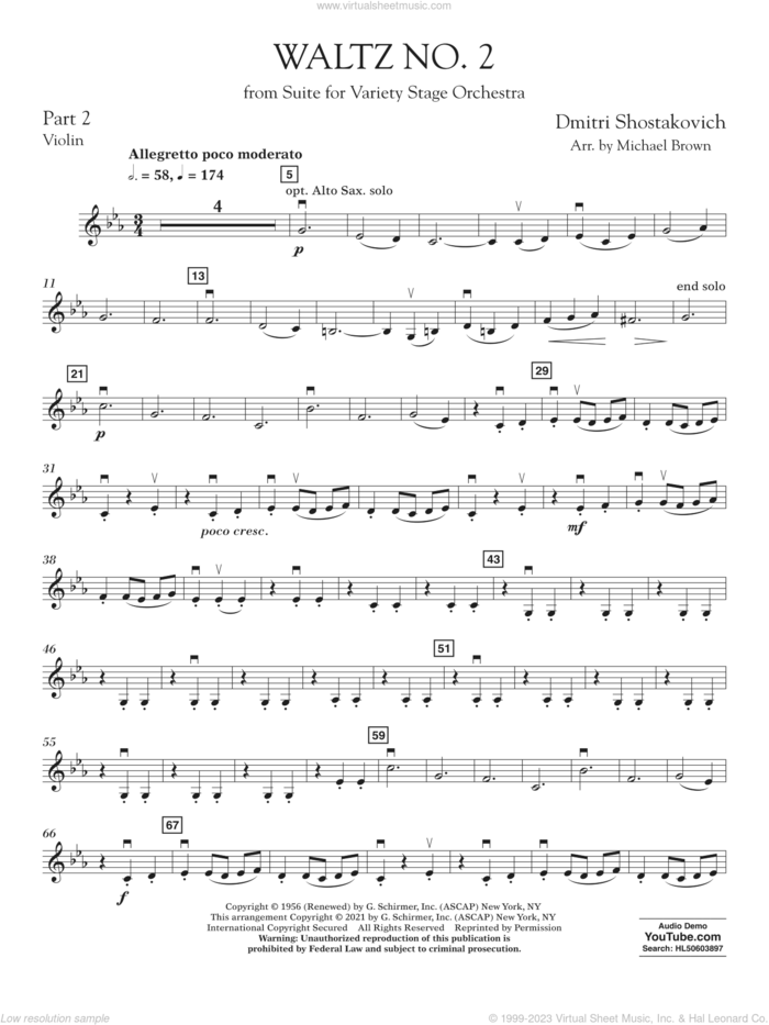 Waltz No. 2 (from Suite for Variety Stage Orchestra) (arr. Brown) sheet music for concert band (pt.2 - violin) by Dmitri Shostakovich and Michael Brown, classical score, intermediate skill level
