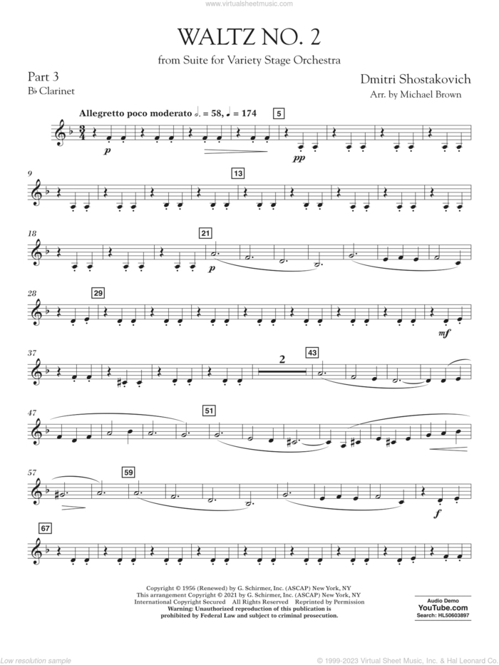 Waltz No. 2 (from Suite for Variety Stage Orchestra) (arr. Brown) sheet music for concert band (pt.3 - Bb clarinet) by Dmitri Shostakovich and Michael Brown, classical score, intermediate skill level