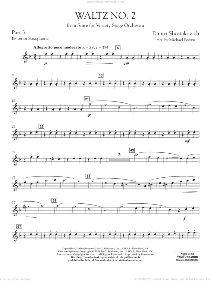 Waltz No. 2 (from Suite for Variety Stage Orchestra) (arr. Brown) sheet music for concert band (pt.3 - Bb tenor saxophone) by Dmitri Shostakovich and Michael Brown, classical score, intermediate skill level