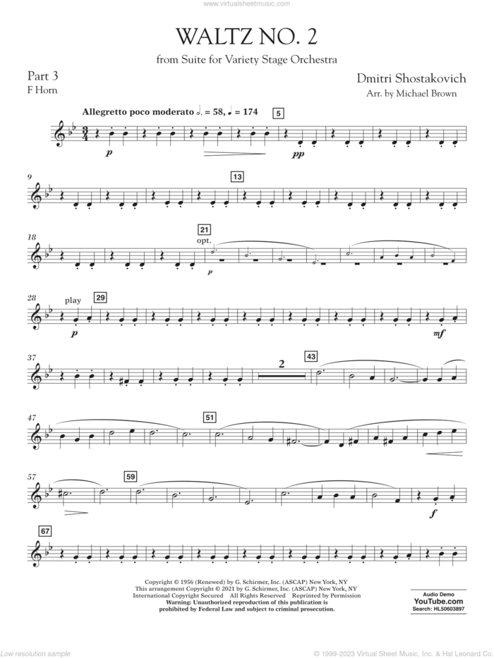 Waltz No. 2 (from Suite for Variety Stage Orchestra) (arr. Brown) sheet music for concert band (pt.3 - f horn) by Dmitri Shostakovich and Michael Brown, classical score, intermediate skill level